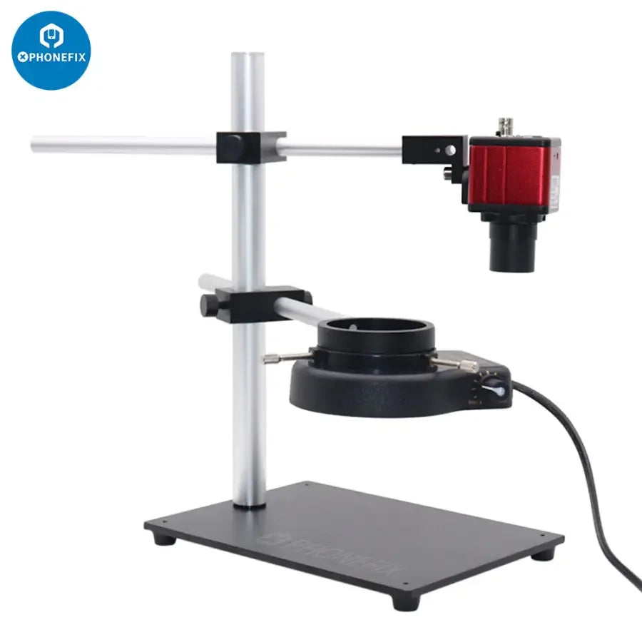 PhoneFix dual arm boom stand for microscope camera, adjustable metal holder set, microscope accessories for secure equipment positioning.