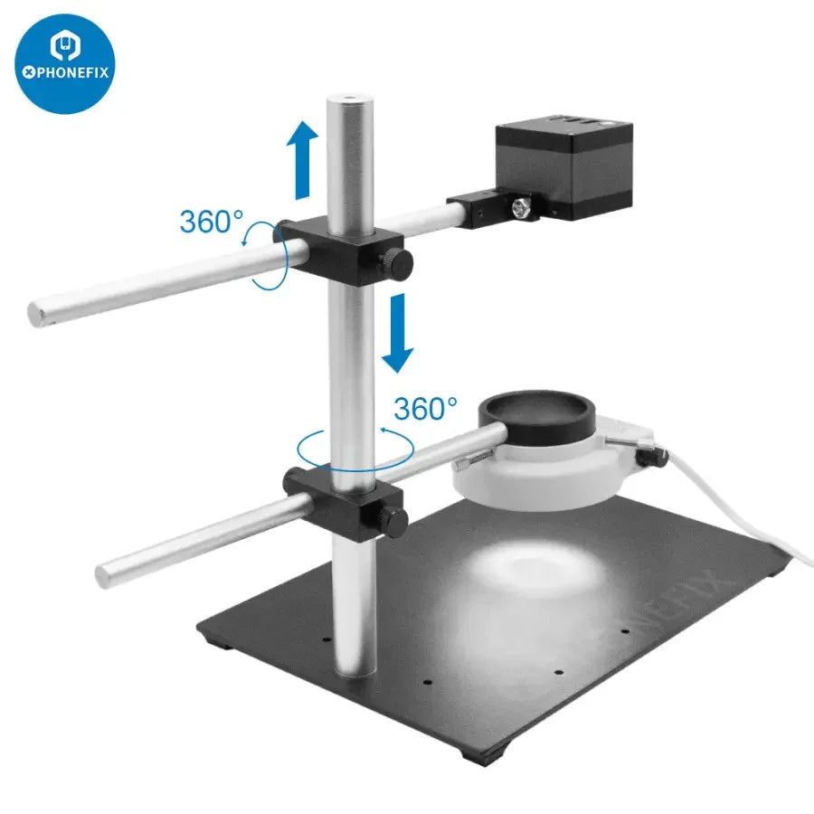 PhoneFix dual arm boom stand for microscope cameras, adjustable metal holder set with sturdy arms for secure positioning.