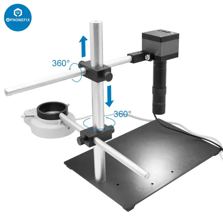 PhoneFix dual arm boom stand for microscope cameras, adjustable metal holder set with sturdy construction and precise positioning.
