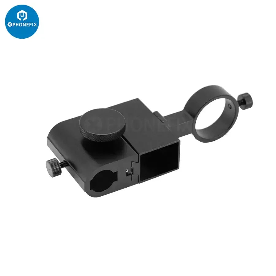 Dual arm boom stand by PHONEFIX for microscope camera, adjustable metal holder set for secure positioning of microscope accessories.