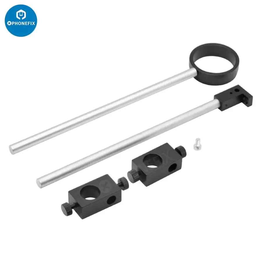Dual arm boom stand for microscope camera, adjustable metal holder set from PHONEFIX, microscope accessory for stable mounting.