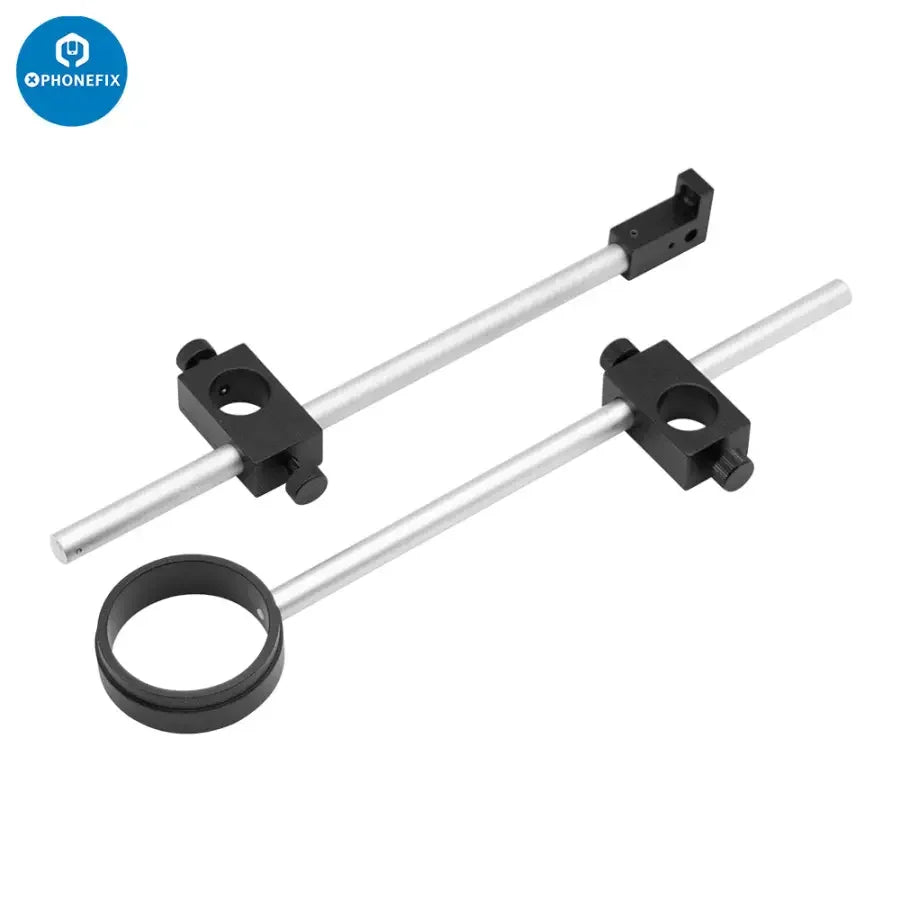 PHONEFIX dual arm boom stand for microscope cameras, adjustable metal holder set for secure mounting of microscope accessories.