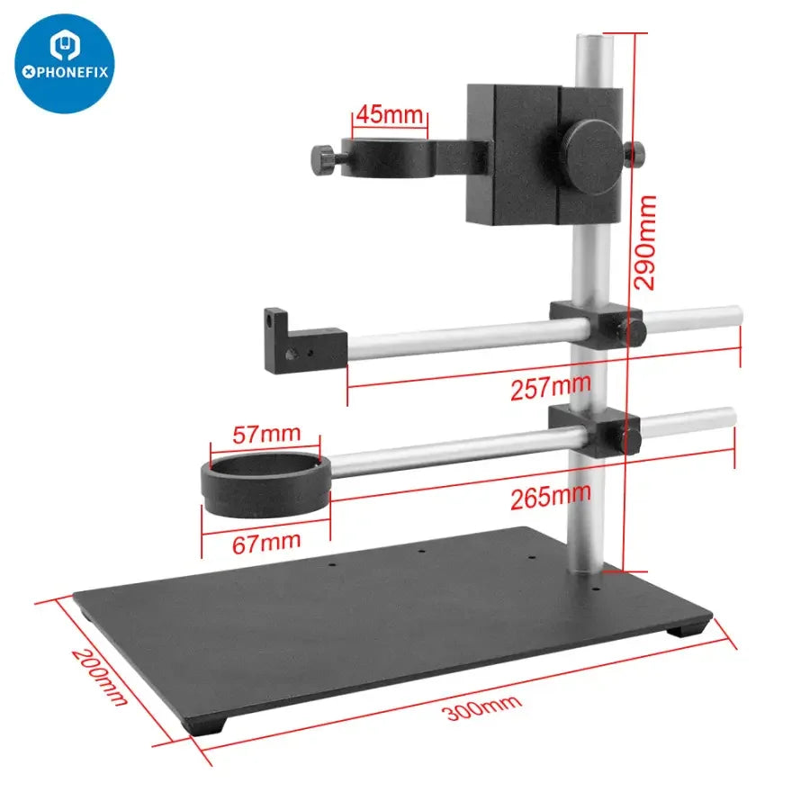 Adjustable metal dual arm boom stand for microscope camera by PHONEFIX, supporting secure positioning of microscope accessories.