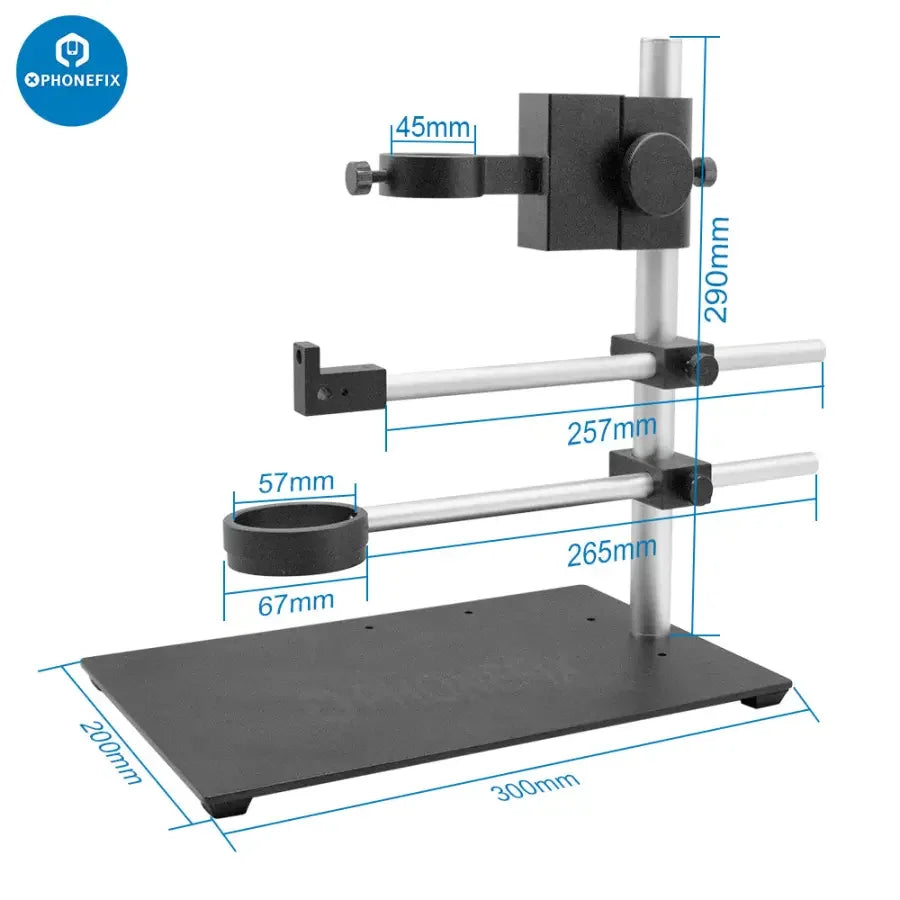 PhoneFix dual arm boom stand for microscopes, adjustable metal holder set for microscope cameras, sturdy and versatile accessory.