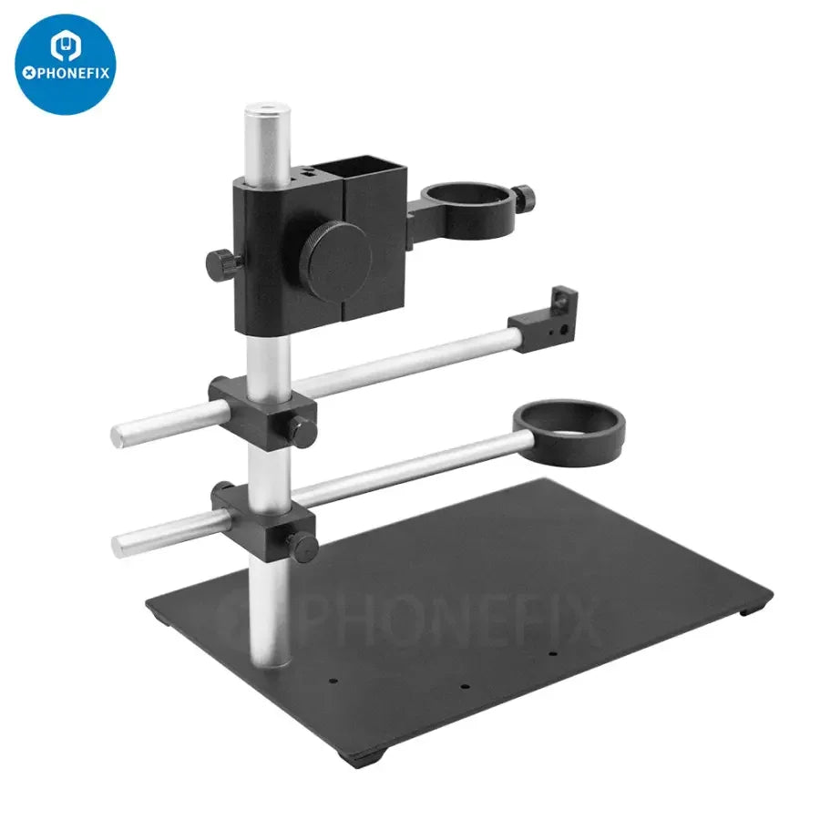 PhoneFix dual arm boom stand for microscope camera, adjustable metal holder set for stable positioning of microscope accessories.