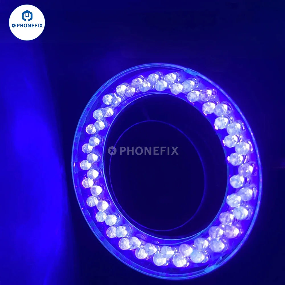 Purple UV LED ring light for stereo microscopes, adjustable brightness, enhances illumination for detailed microscopic observations.