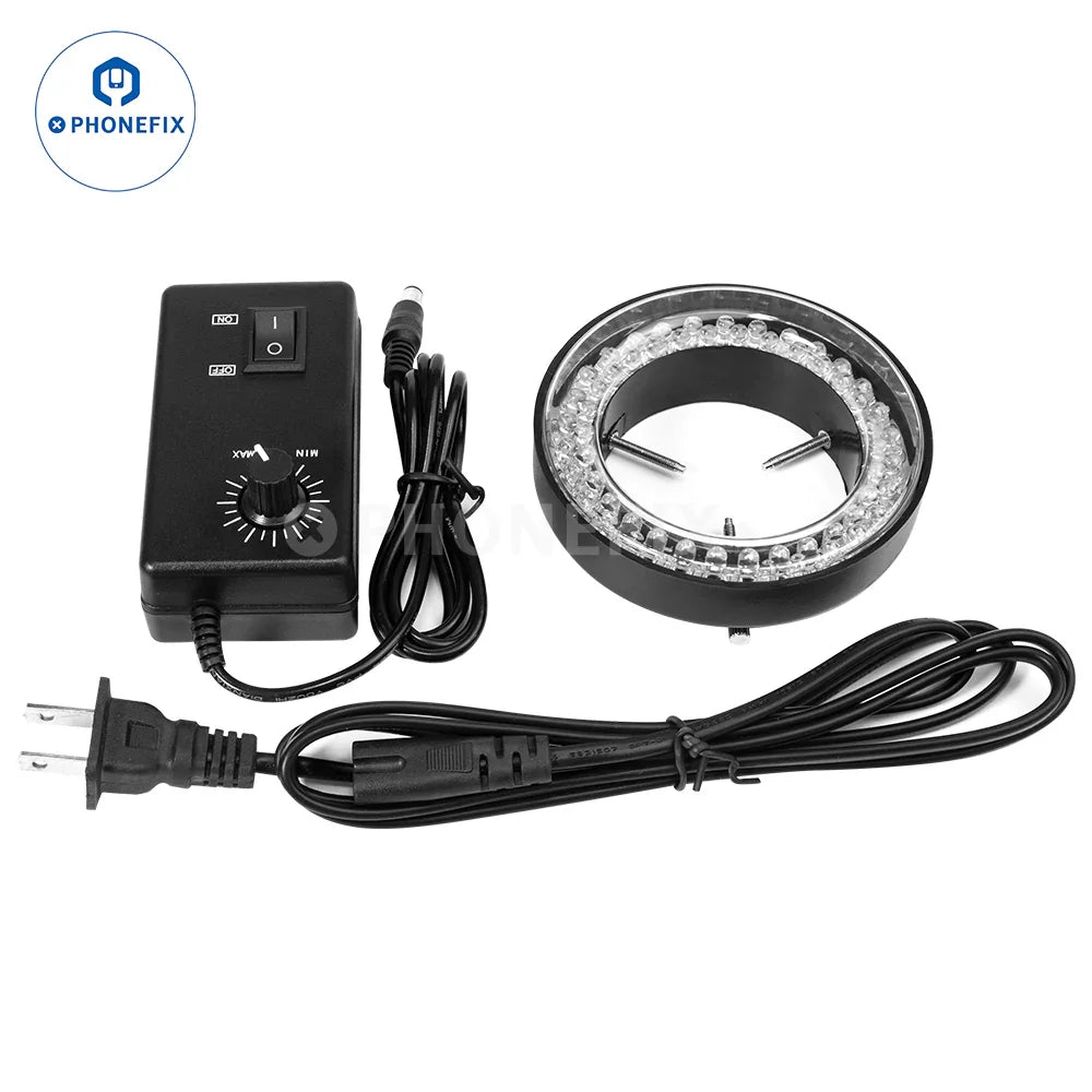 Purple UV LED ring lamp with 56 adjustable brightness LEDs for microscopes, designed for enhanced illumination in microscopy.