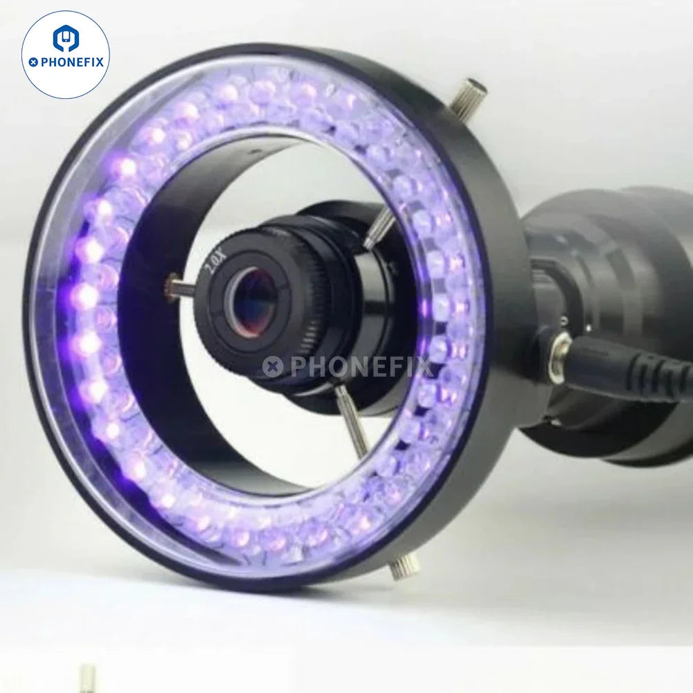 Purple UV LED ring light for stereo microscopes, adjustable brightness, PHONEFIX brand, round design, microscope accessory.