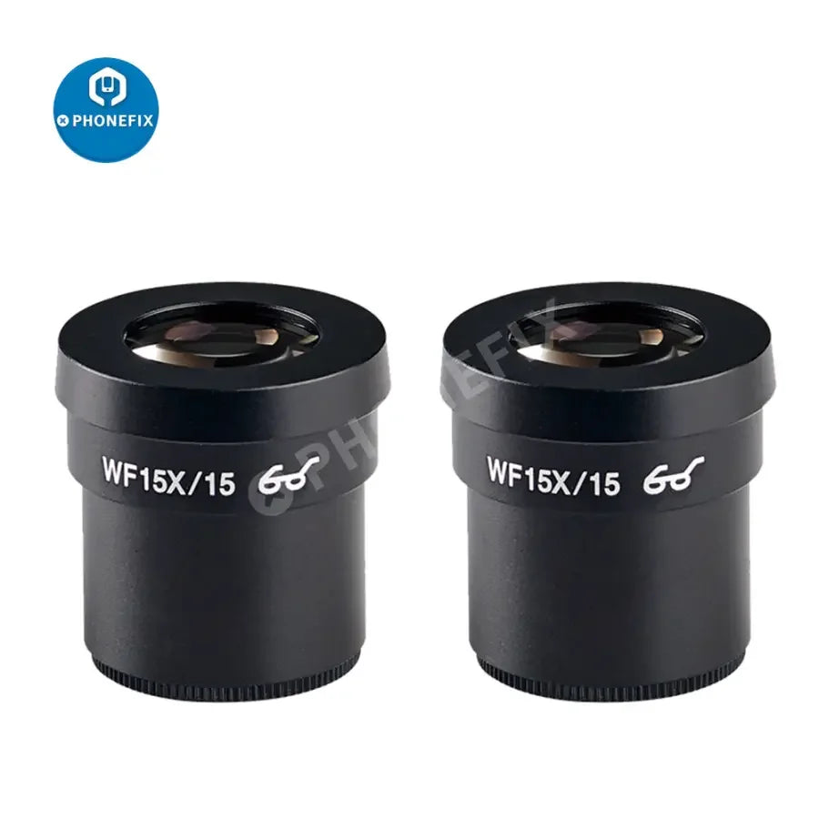 PhoneFix wide field eyepiece lens for stereo microscopes, available in WF10X, WF15X, WF20X, WF25X, and WF30X magnifications.
