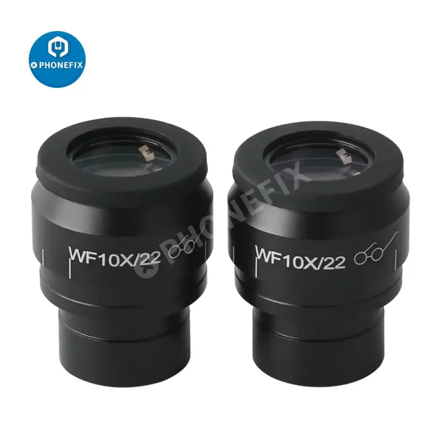 PhoneFix wide-field eyepiece lens for stereo microscope, available in WF10, 15, 20, 25, and 30X magnifications with 22mm diameter.