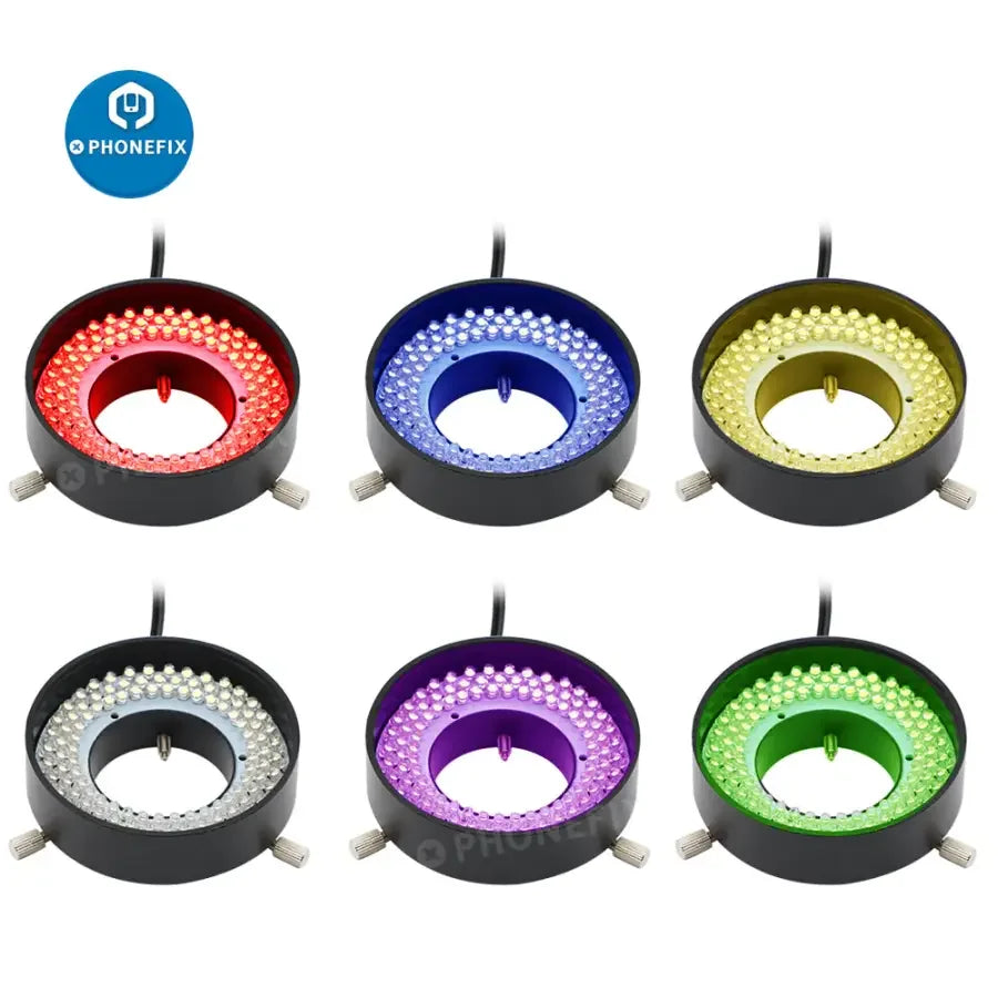 PhoneFix microscope 108 LED ring light with 41mm multicolored illuminator lamp, ideal for enhancing microscopy illumination.
