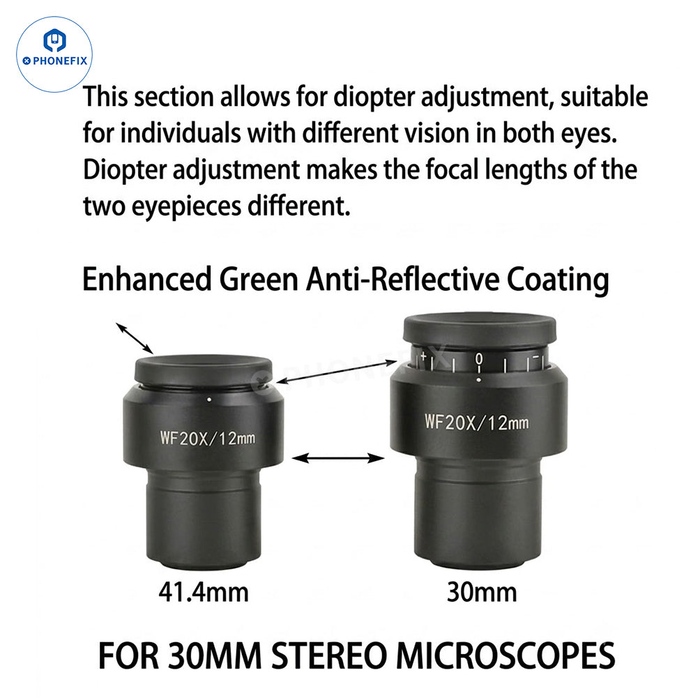 PhoneFix 30mm stereo microscope eyepiece with 10X widefield, high eyepoint, diopter adjustment, for detailed viewing.
