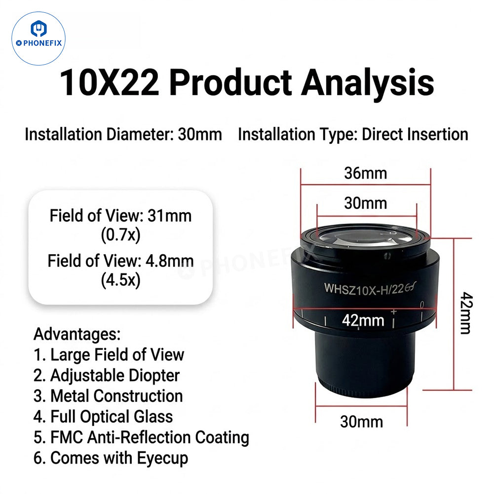 PhoneFix 30mm stereo microscope eyepiece with 10x magnification, widefield view, high eyepoint, and diopter adjustment.