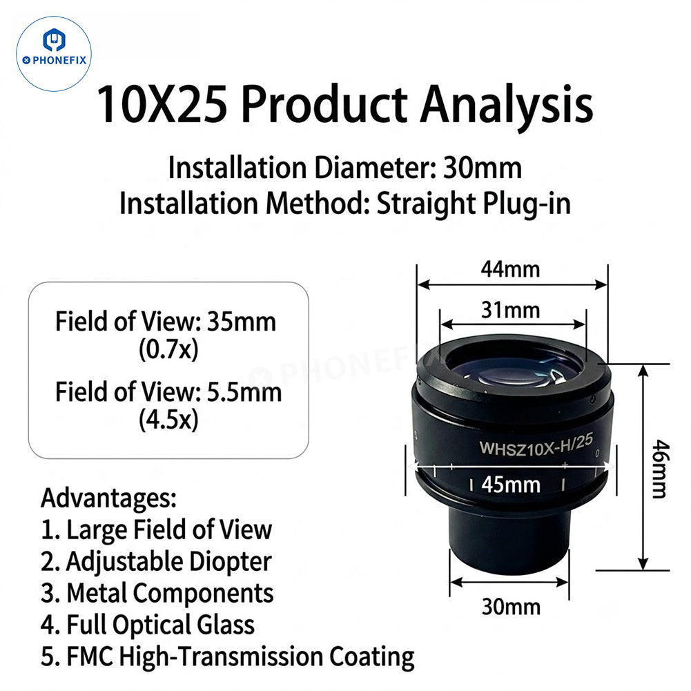 Phonefix 30mm stereo microscope eyepiece with 10X25 magnification, widefield, high eyepoint, diopter adjustment for enhanced viewing.