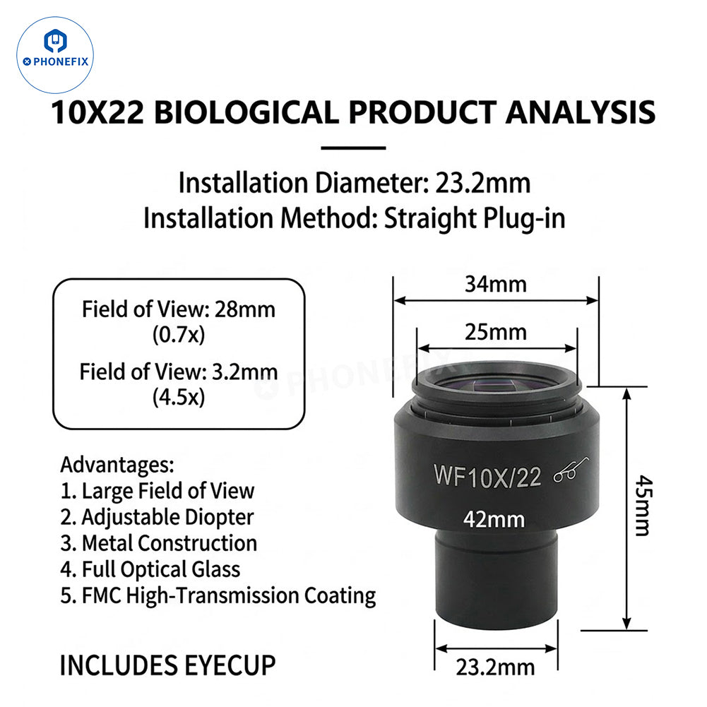 PhoneFix 30mm stereo microscope eyepiece with 10x widefield view, high eyepoint, and diopter adjustment for biological microscopy.