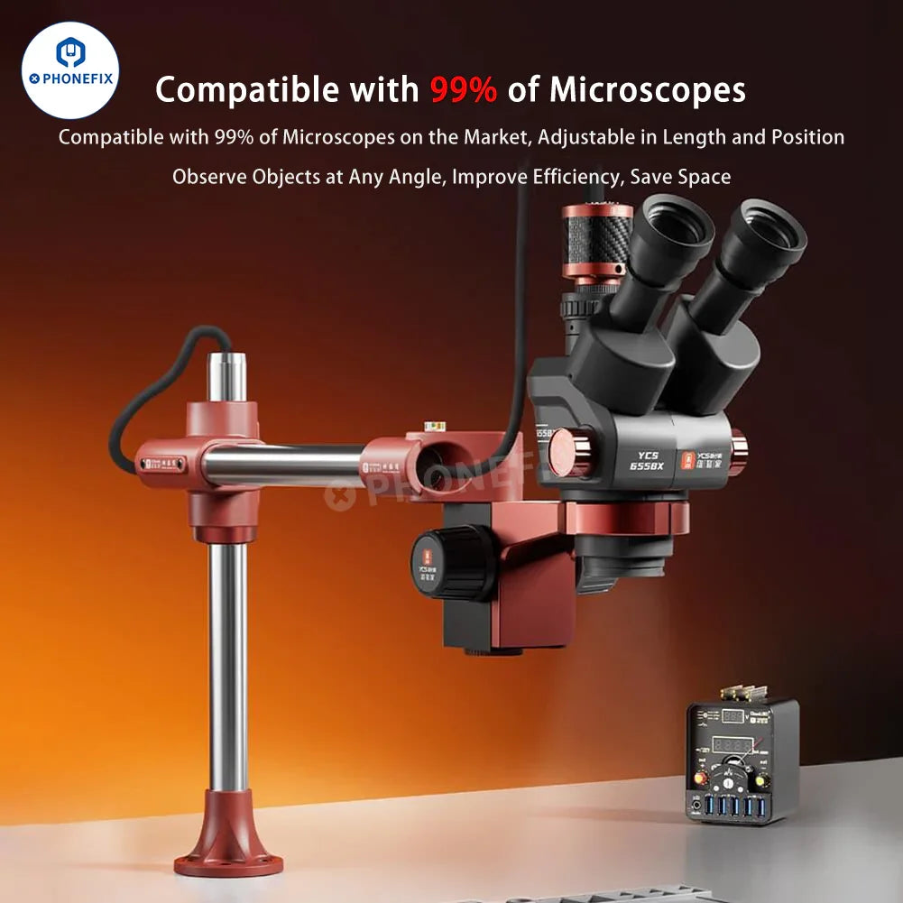 Soporte de brazo oscilante para microscopio PHONEFIX YCS con luz anular de 144 LED para accesorios de microscopio, ajustable y fácil de instalar.