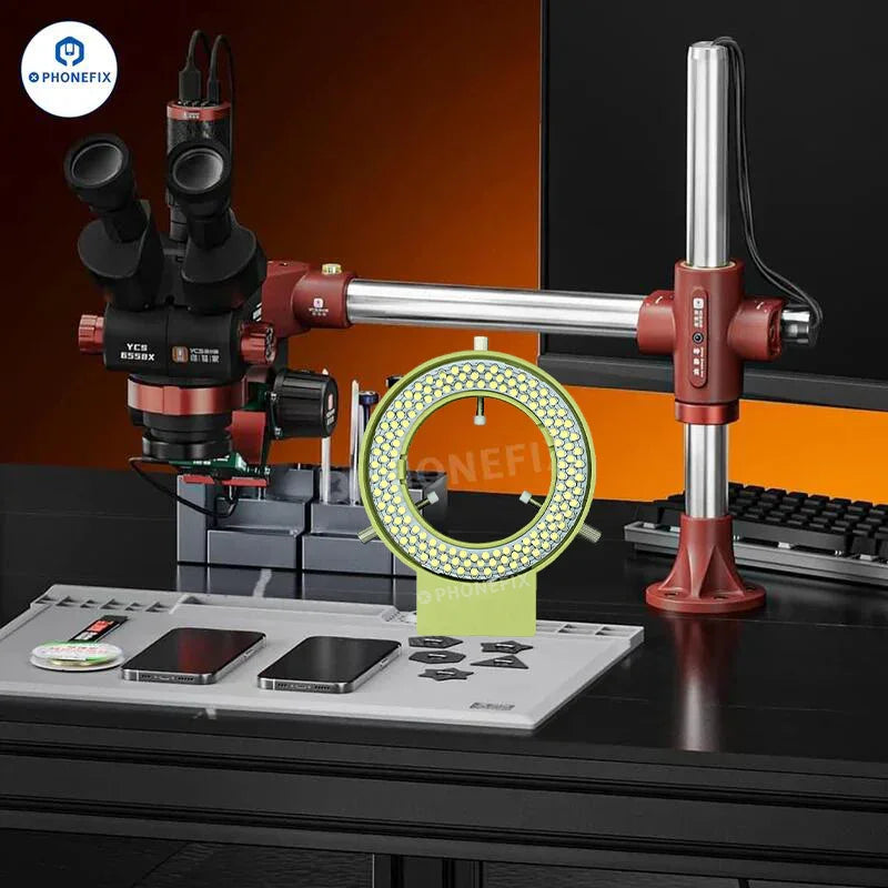 Soporte de brazo oscilante para microscopio PHONEFIX YCS con fuente de luz anular de 144 LED, accesorio para microscopio que mejora la iluminación.