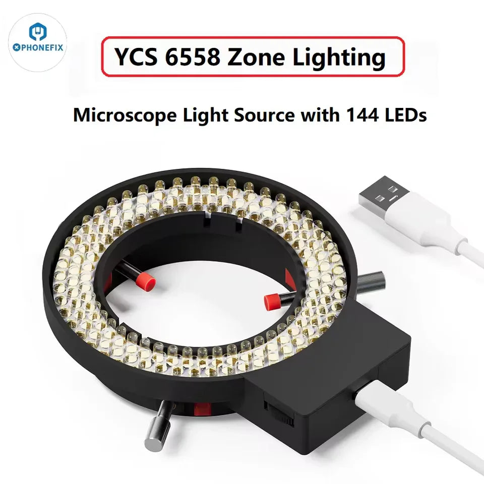 Soporte de brazo oscilante para microscopio YCS con fuente de luz anular de 144 LED para accesorios de microscopio, mostrado con la luz acoplada a un microscopio.