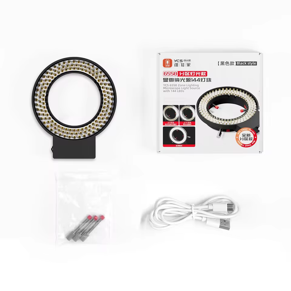 Soporte de brazo oscilante para microscopio YCS con fuente de luz anular de 144 LED para accesorios de microscopio de PHONEFIX.
