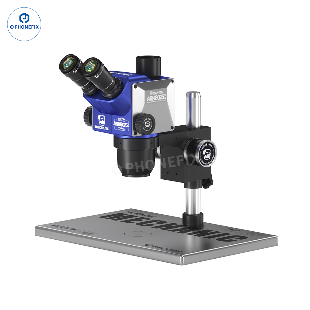 PhoneFix ARK6075 6-75X trinocular microscope for PCB and IC repair, showing adjustable lenses and viewing eyepiece.