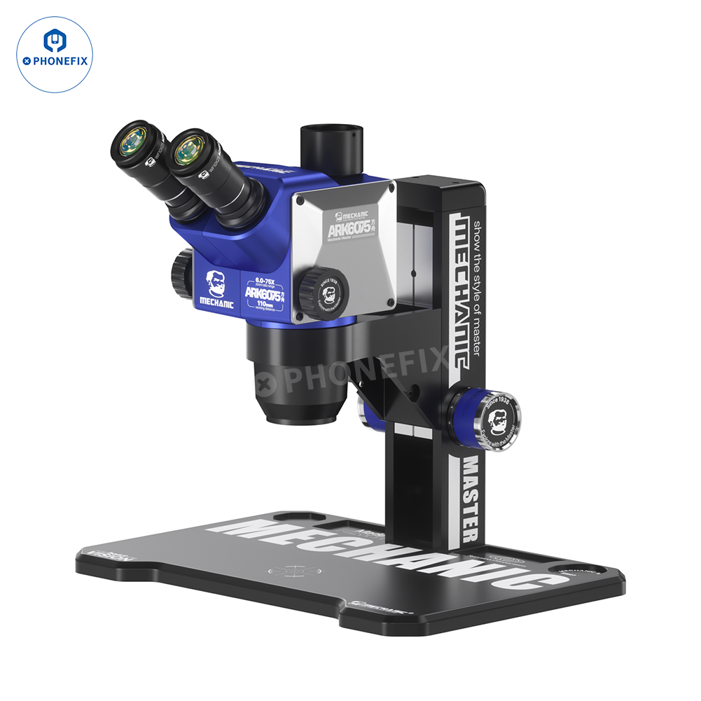 PhoneFix MECHANIC ARK6075 6-75X trinocular microscope for PCB and IC repair with adjustable magnification and ergonomic design.