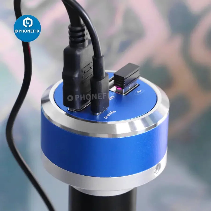 PHONEFIX 4K 1080P HDMI USB2.0 digital microscope camera for PCB soldering, showing the compact device with lens and connection ports.