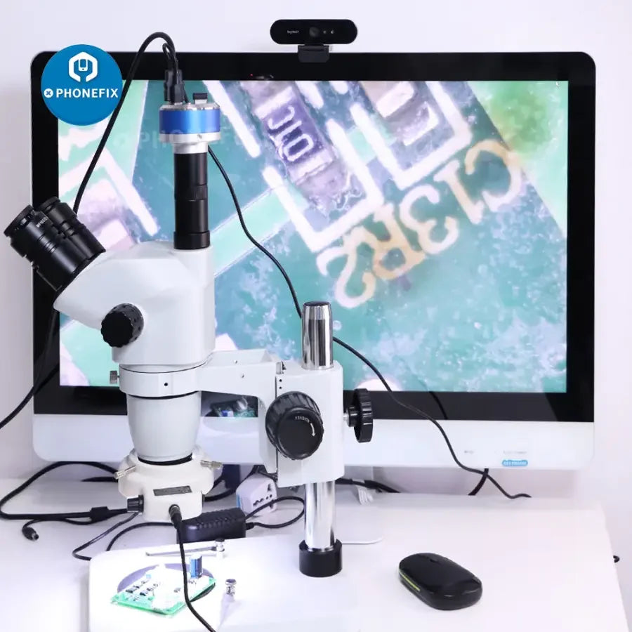PHONEFIX 4K 1080P HDMI USB2.0 digital microscope camera for PCB soldering, showing close-up of circuit board details.