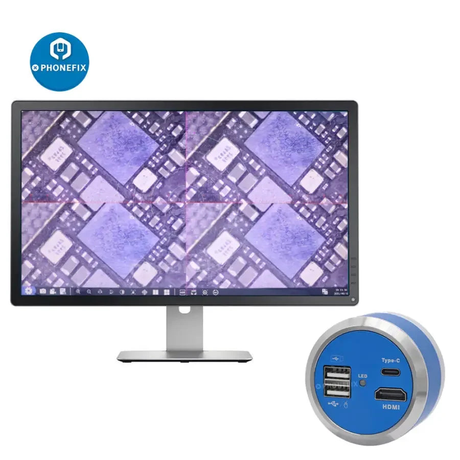 PHONEFIX 4K 1080P HDMI USB 2.0 digital microscope camera showing close-up of PCB soldering for electronics inspection.