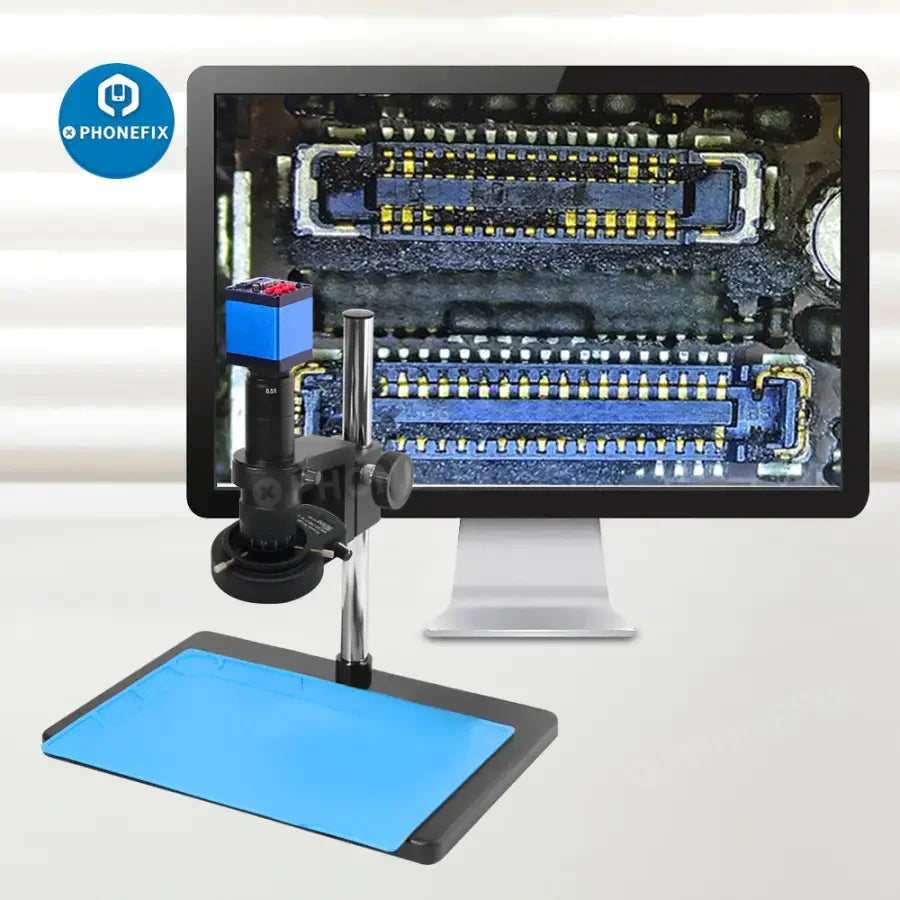 PhoneFix 13MP 1080P industrial microscope camera with HDMI and USB output, featuring a digital lens for detailed magnified imaging.