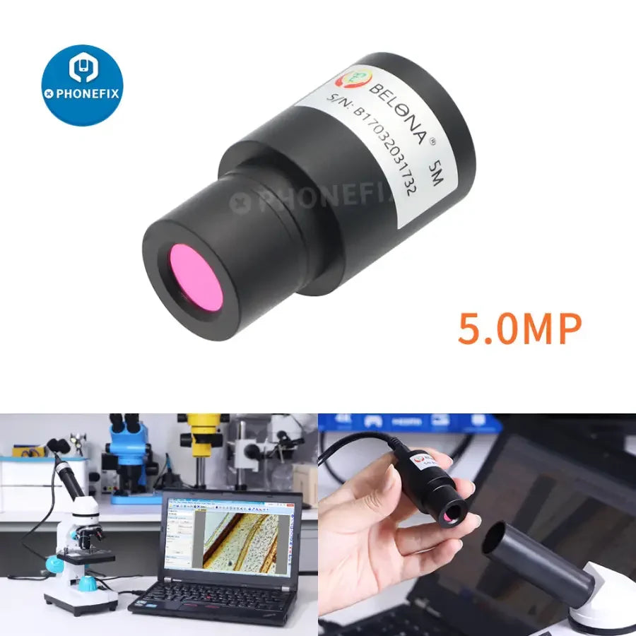 5MP electronic eyepiece for microscope and astronomical telescope, by PHONEFIX, shown mounted on a microscope in the image.