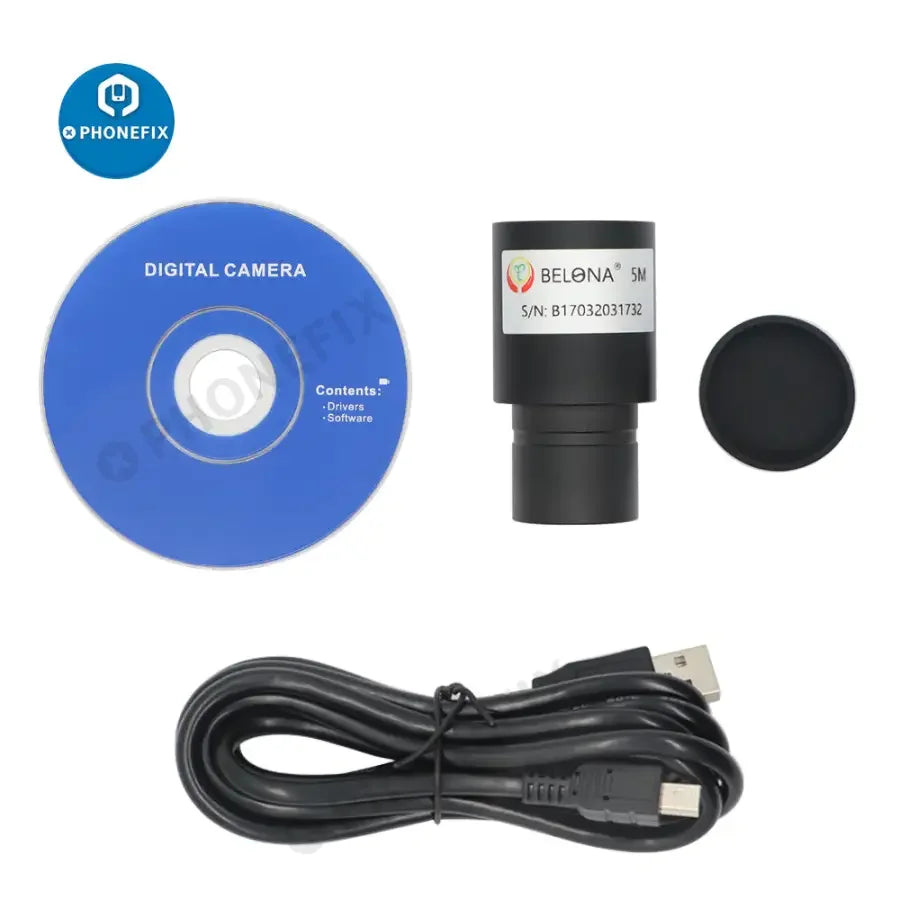 PHONEFIX 5MP electronic eyepiece for microscope and astronomical telescope, showing digital camera attachment on optical device