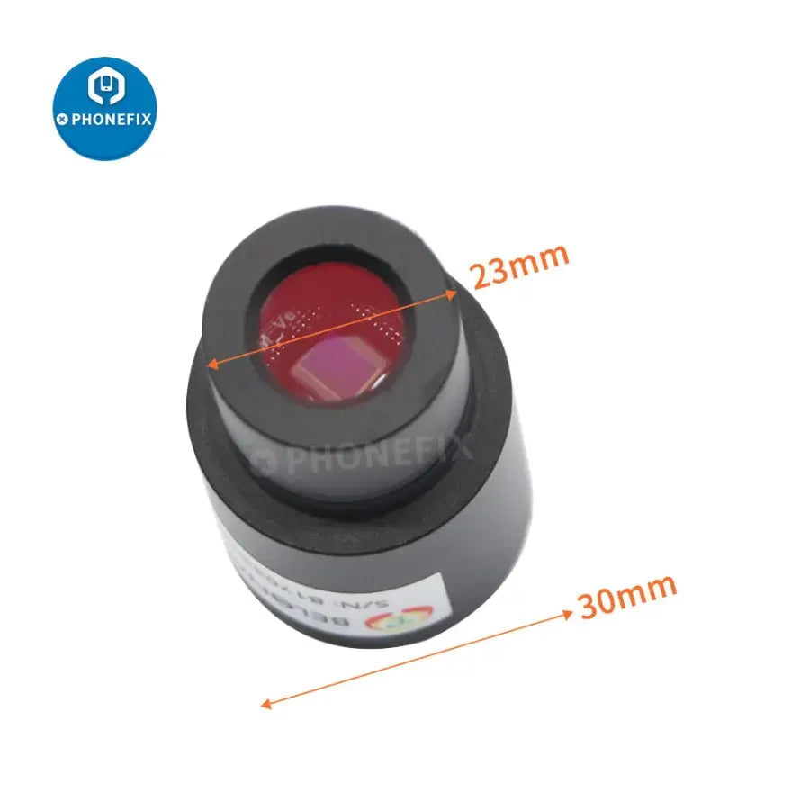 PHONEFIX 5MP electronic eyepiece for microscope and telescope, showcasing the compact camera attached to optical devices.
