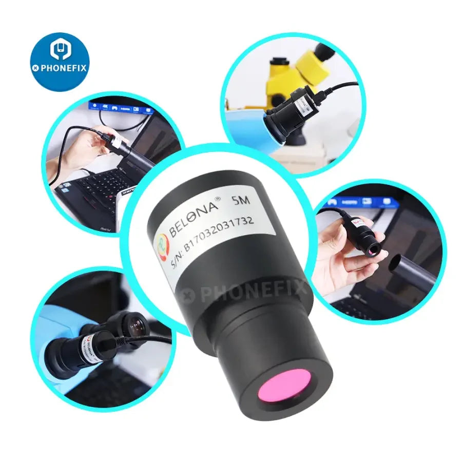 PhoneFIX 5MP electronic eyepiece for microscope and astronomical telescope, showing connection to camera and detailed optical components.