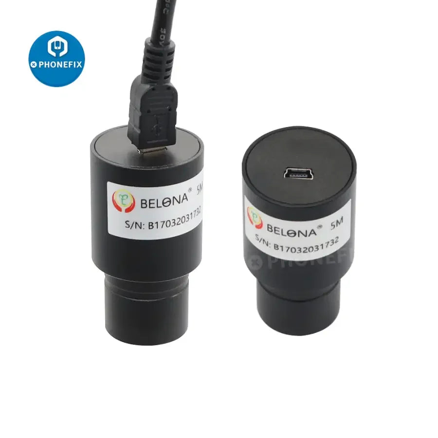 PhoneFIX 5MP electronic eyepiece for microscope and astronomical telescope, showing the camera attached to the device.