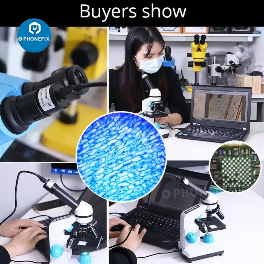 PHONEFIX 5MP electronic eyepiece for microscope and astronomical telescope, showing the camera attached to the device.