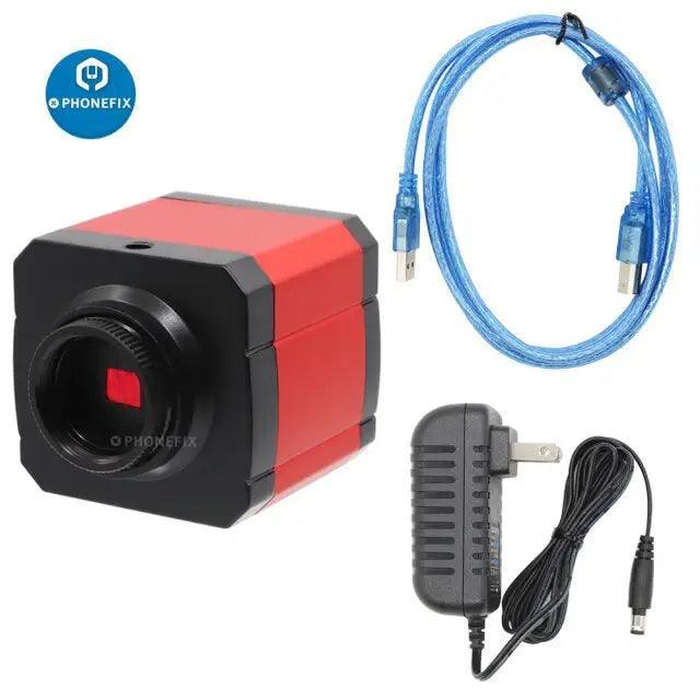 Full HD 2K HDMI USB digital industrial phone microscope camera by PHONEFIX showing close-up of microscope lens and connection ports.