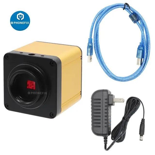 PhoneFix Full HD 2K HDMI USB digital industrial microscope camera with 2MP lens, gold finish, for detailed microscopic imaging.