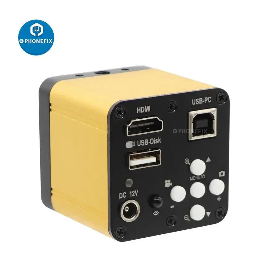 PHONEFIX Full HD 2K HDMI USB Digital Industrial Phone Microscope Camera showing detailed close-up view with gold finish.