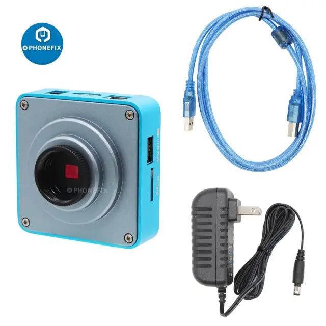 PhoneFix Full HD 2K HDMI USB industrial microscope camera showing detailed microscopic view on a screen.