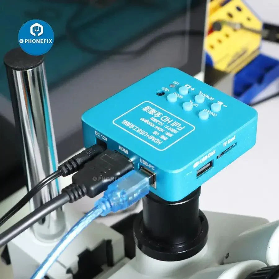 PHONEFIX Full HD 2K HDMI USB industrial microscope camera showing detailed close-up view of microscopic objects.
