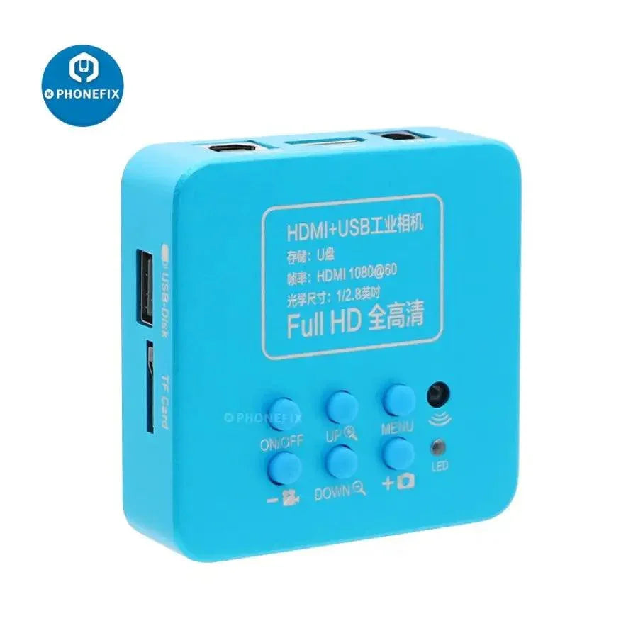 PHONEFIX Full HD 2K HDMI USB Digital Microscope Camera showing close-up view of tiny objects with gold-colored body.