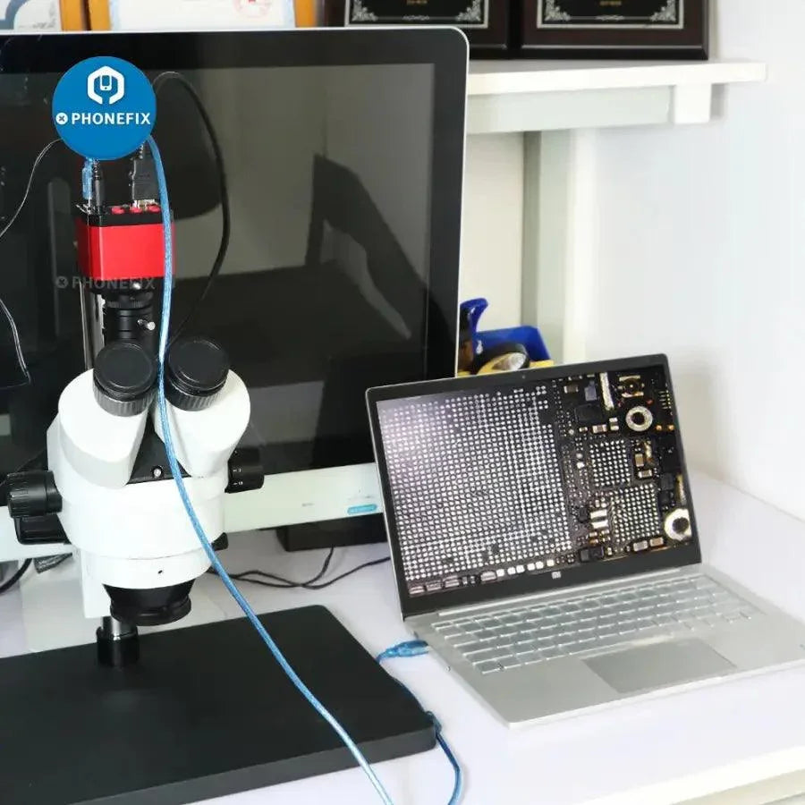 PHONEFIX Full HD 2K HDMI USB industrial microscope camera showing detailed magnified view of small objects.