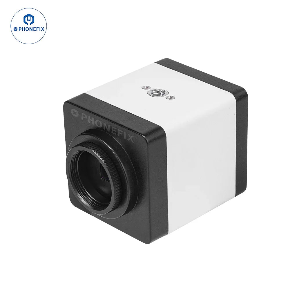 PhoneFIX 2MP HD industrial microscope camera showing front view with HDMI, VGA, and USB-C output ports.