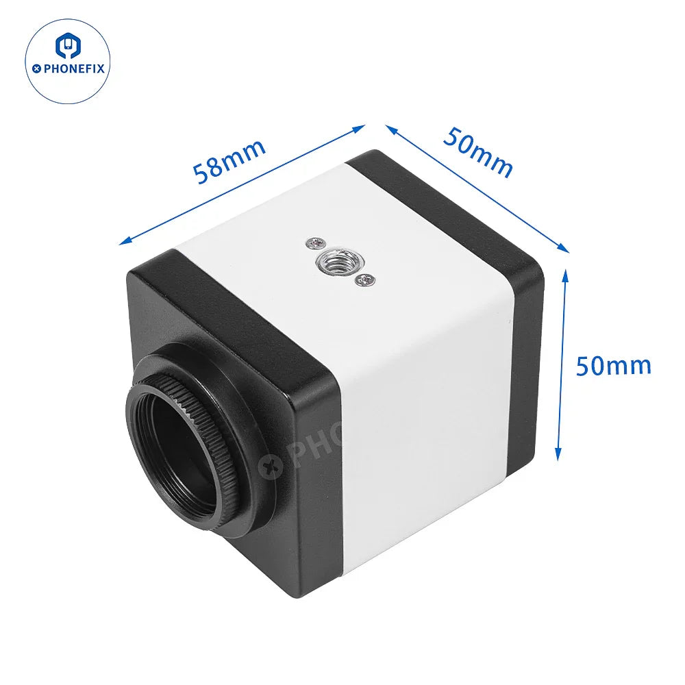Phonefix 2MP HD industrial microscope camera showing HDMI, VGA, and USB-C output ports on compact device.