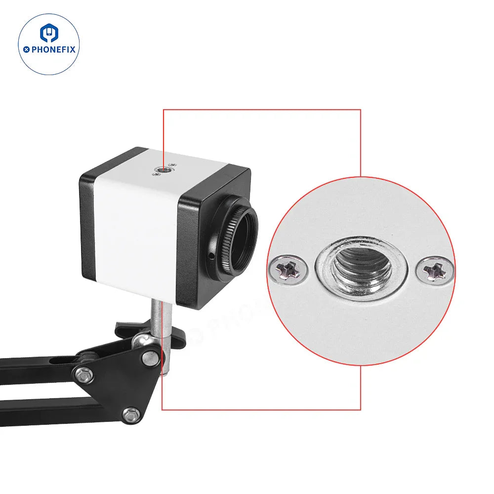 PHONEFIX 2MP HD industrial microscope camera showing a compact device with HDMI, VGA, and USB-C outputs, designed for high-resolution imaging.