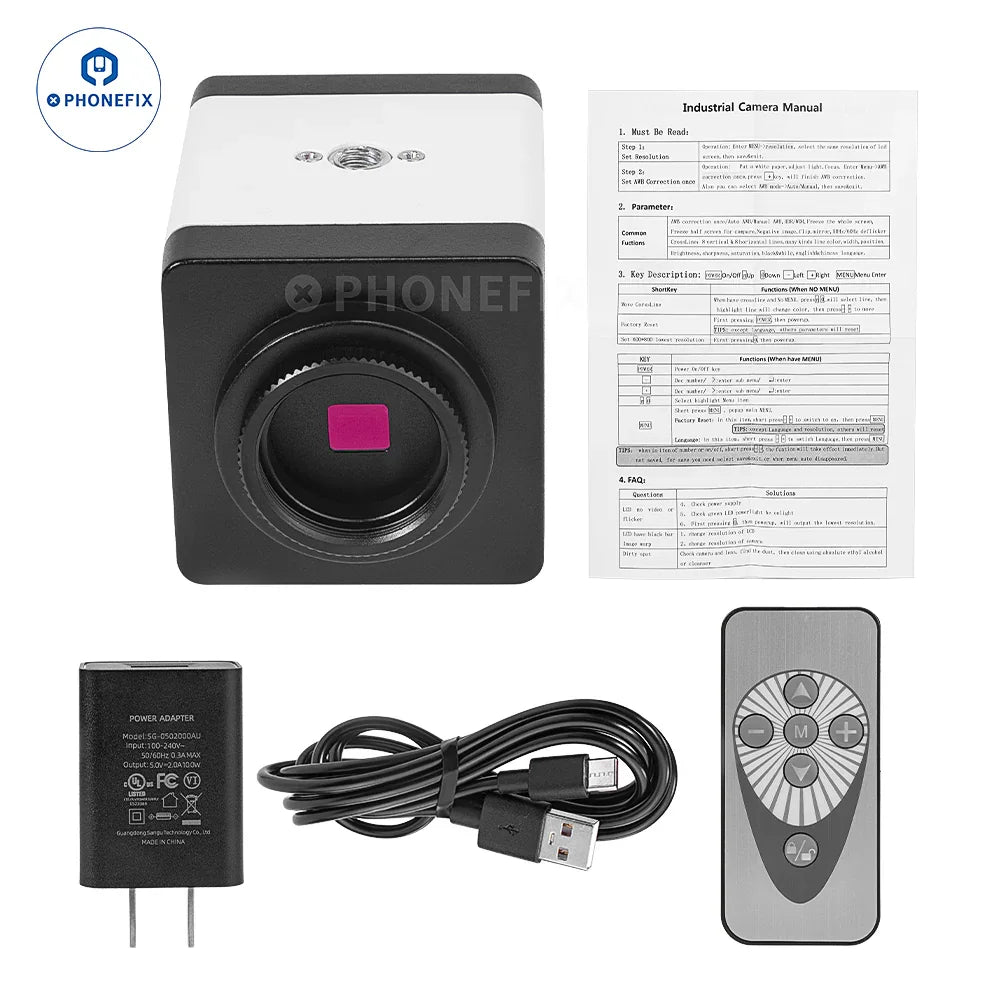 PHONEFIX 2MP HD industrial microscope camera with 1080P resolution, 60FPS, HDMI, VGA, and USB-C output for detailed imaging.
