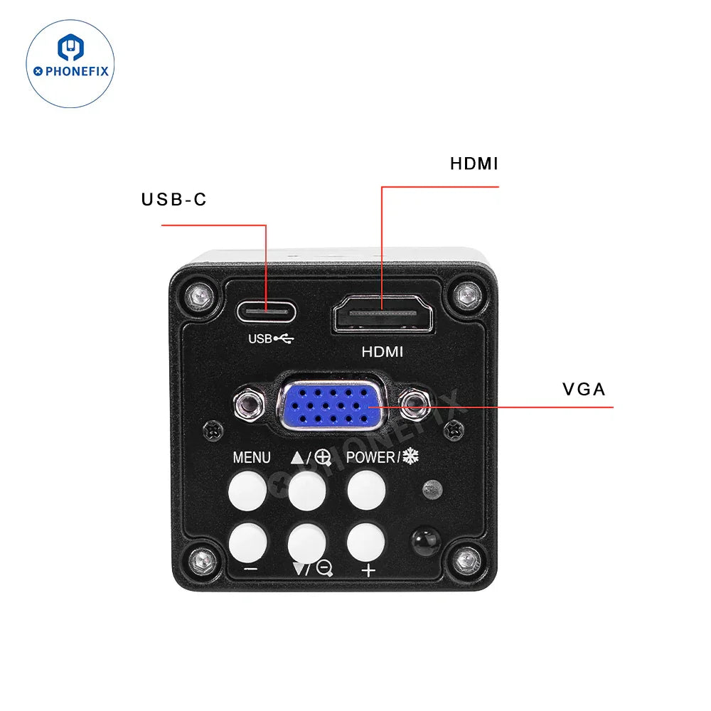 PhoneFix 2MP HD industrial microscope camera with HDMI, VGA, and USB-C output showing interface ports and connection options.