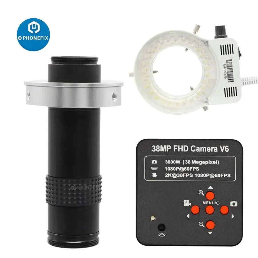 PhoneFix 38MP HD HDMI microscope camera for industrial inspection, iPhone soldering repair, showing close-up of camera lens and HDMI port.