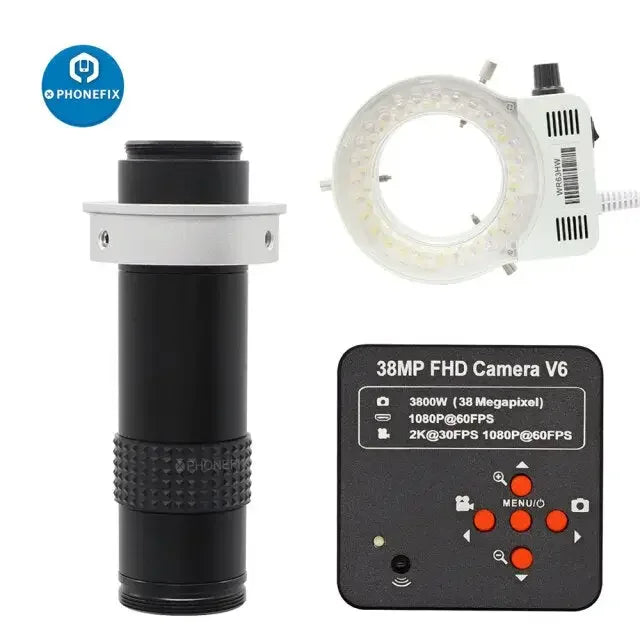 PHONEFIX 38MP HD HDMI microscope industrial camera for iPhone soldering and repair, showing close-up of camera lens and connectors.