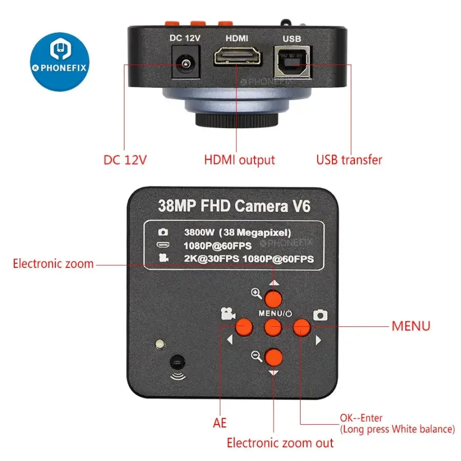 PhoneFix 38MP 60FPS HD HDMI microscope camera with 40mm lens, 120x magnification, white LED, ideal for iPhone soldering repair.